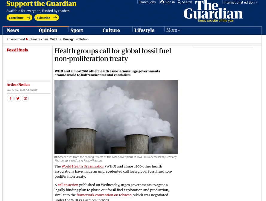 The Guardian: Health groups call for global fossil fuel non-proliferation treaty