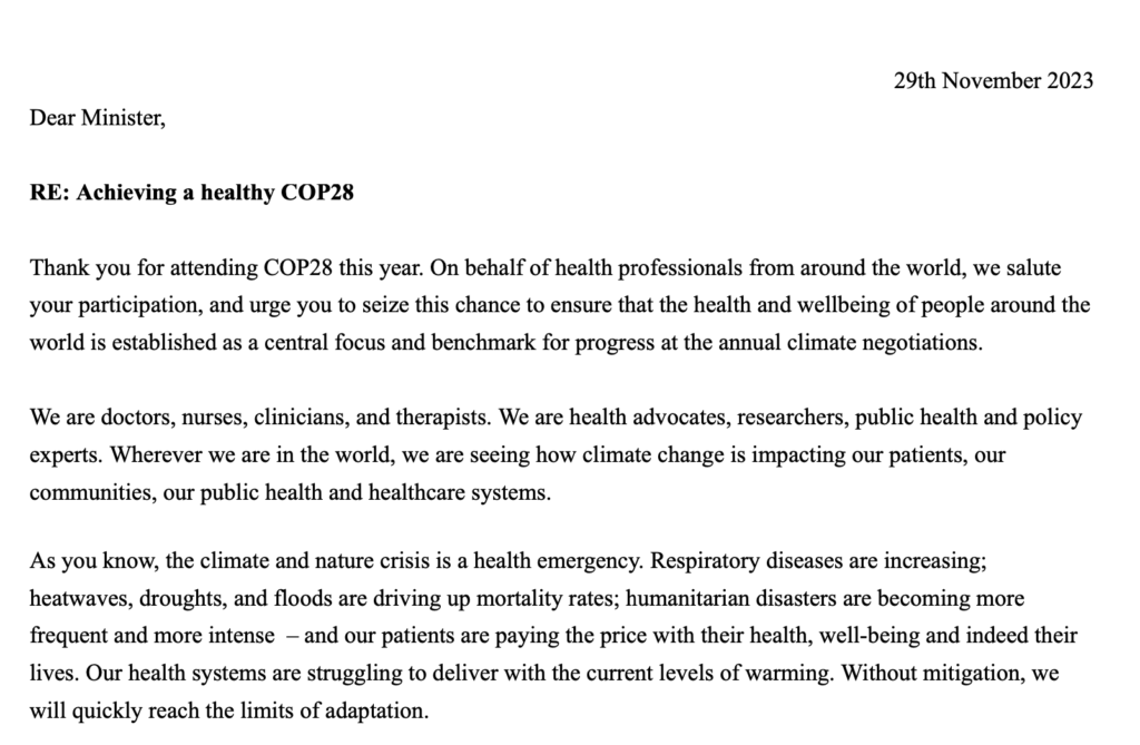 Letter to COP28 Health Ministers