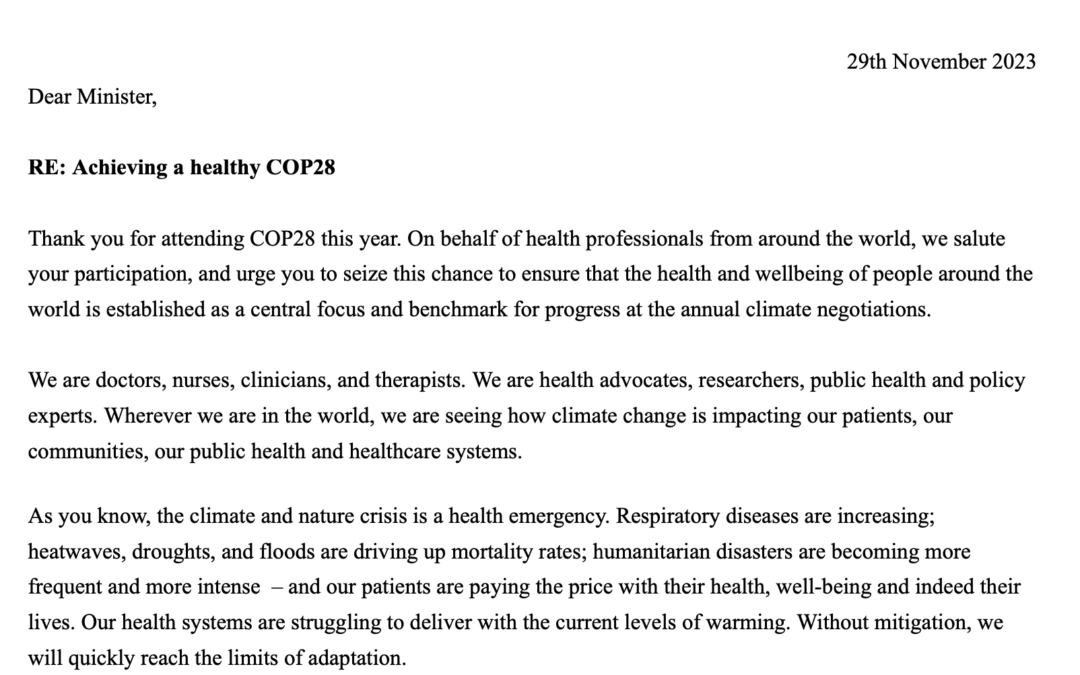 Health Professionals Urge Health Ministers Stand Up for Health During COP28