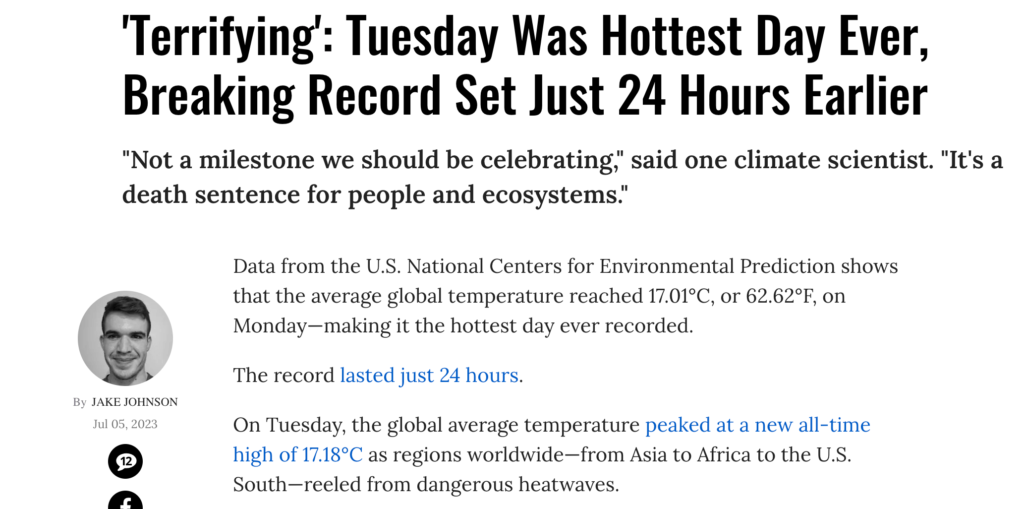 Common Dreams: 'Terrifying': Tuesday Was Hottest Day Ever, Breaking Record Set Just 24 Hours Earlier