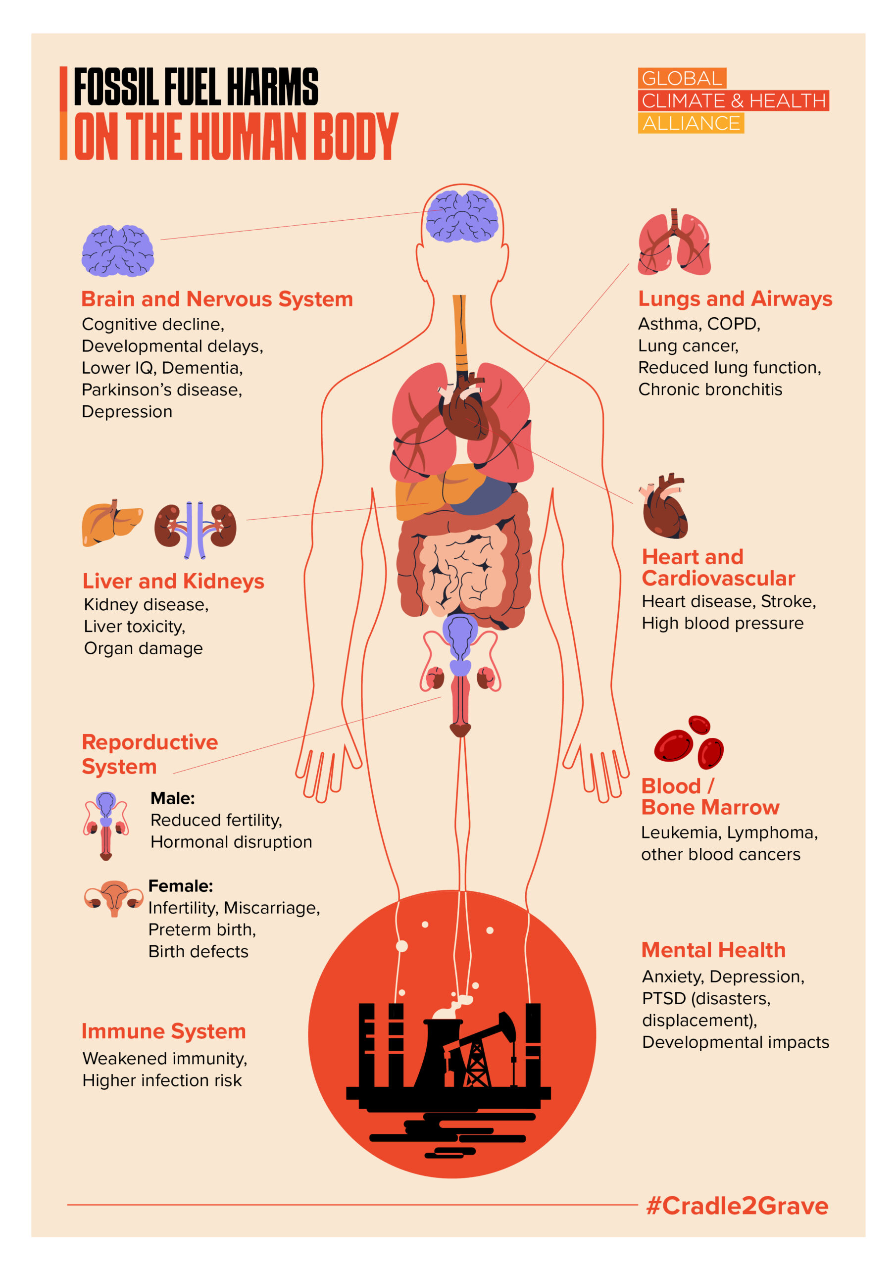 Poster showing Fossil Fuel Harms on the Human Body 